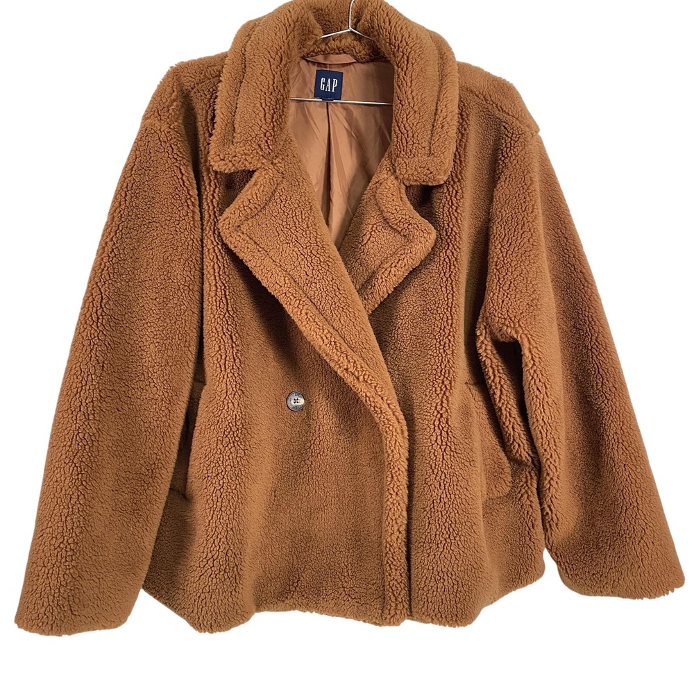 GAP Teddy Sherpa Jacket Womens 2XL Brown Camel Faux Fur Fleece Lined Button Coat